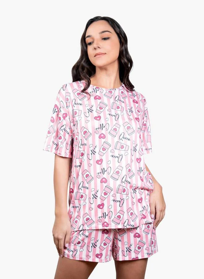 Aadaraya Aadaraya Printed Drop Shoulder T-shirt and Pyjama Set