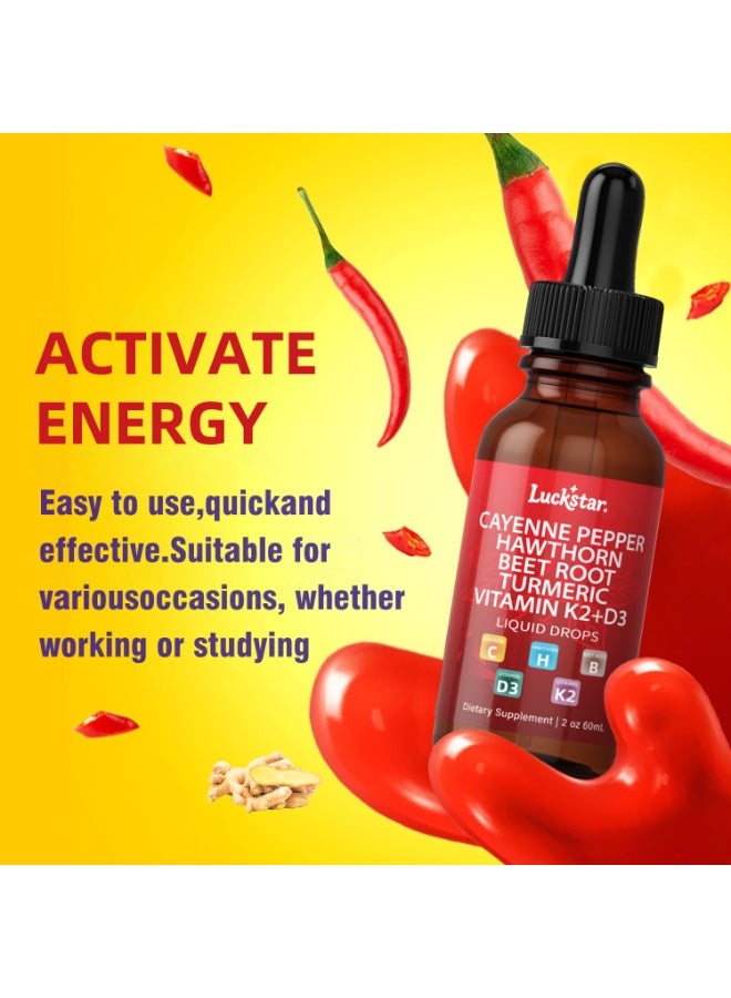LUCKSTAR High-Efficiency Energy Liquid 60 mL | Cayenne + Hawthorn + Beet Root + Turmeric + Vitamin K2+D3 | Boost Mental Energy & Metabolism | Perfect for Work, Study, Exercise or Daily Vitality | 2 Drops Daily | Luckstar - Image 1