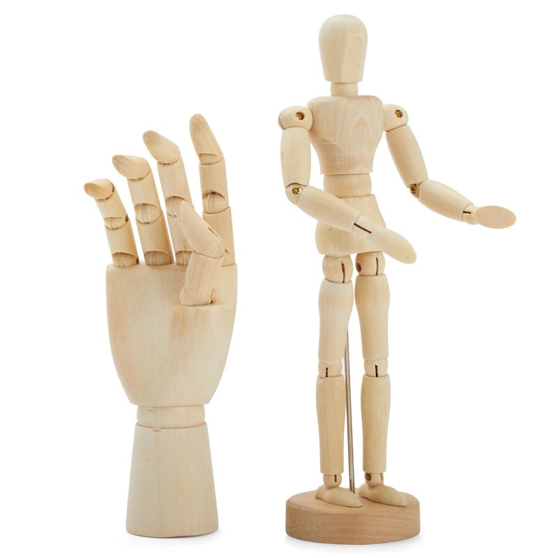 Bright Creations 7 Wooden Hand Model and 8 Posable Wooden Mannequin Figure for Drawing Adjustable Art Supplies 2Piece