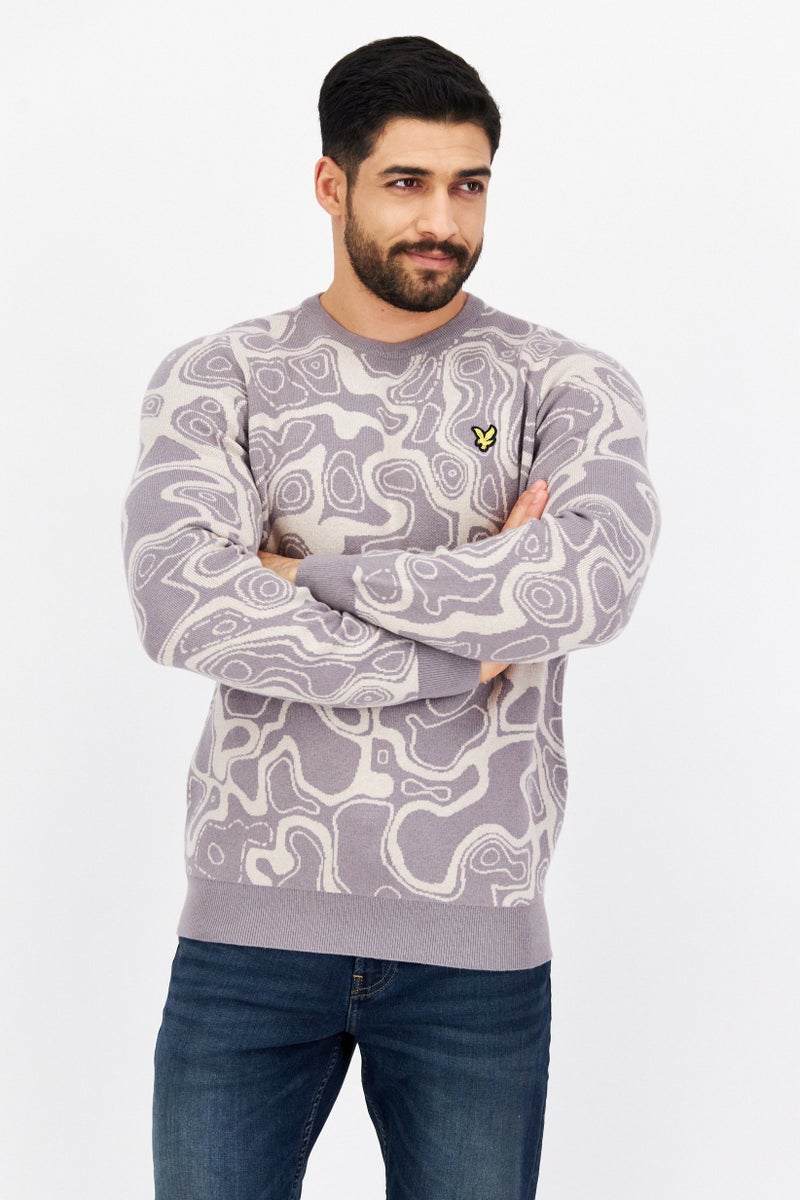 Lyle & Scott سويت شيرت رجالي بياقة دائرية بتصميم تجريدي، رمادي - Image 1