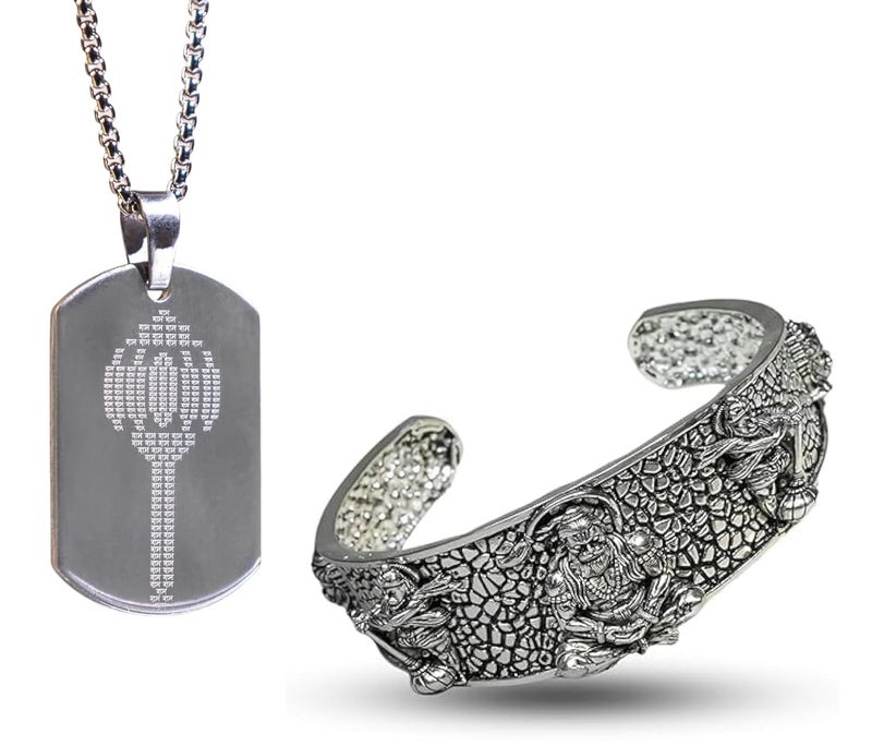 ADHVIK مجموعة من سوار هانومان ذو 5 وجوه من الفولاذ المقاوم للصدأ وقلادة روحية على شكل جادا هانومان (فضي، عبوة من 2) - Image 1