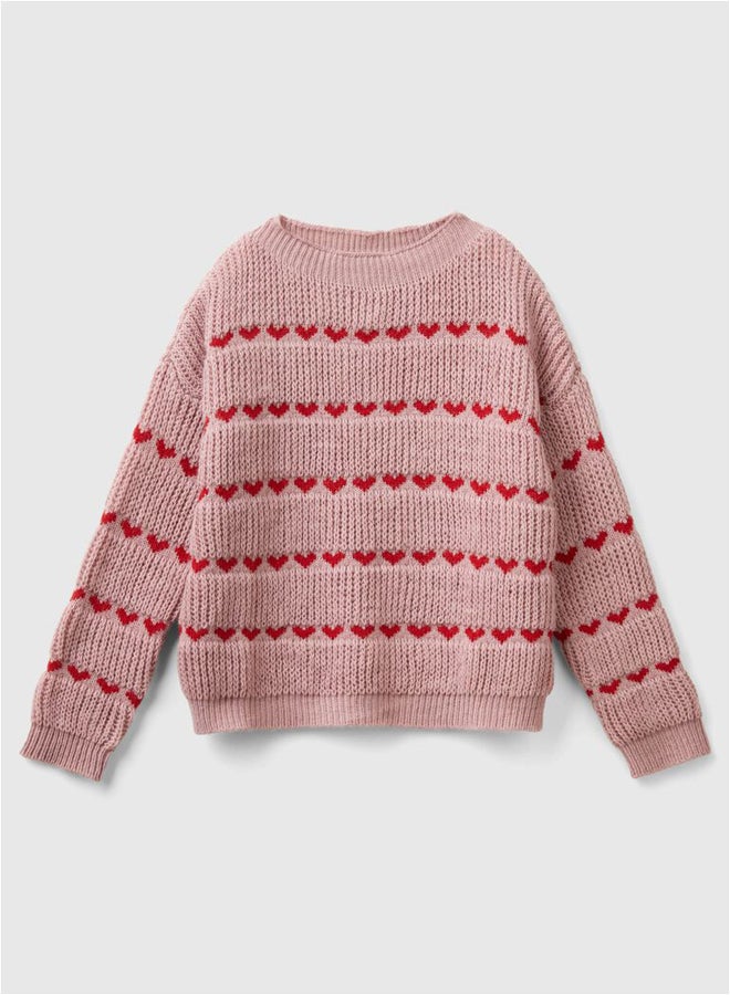 بينيتون سويتر للبنات بشكل قلب مطرز - Image 4
