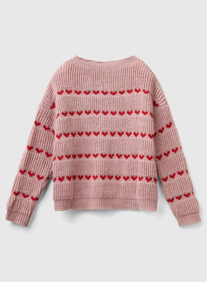 بينيتون سويتر للبنات بشكل قلب مطرز - Image 2