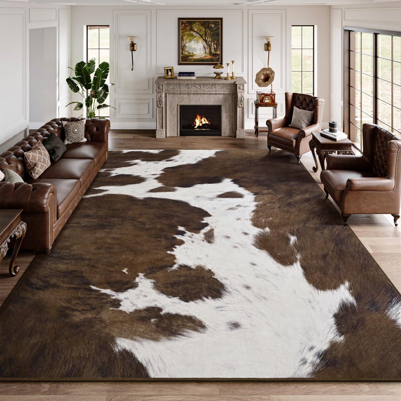 DweIke Washable Area Rugs for Living Room, 8x10 Large Soft Bedroom Rugs, Cowhide Print Non-Slip Animal Rug, Stain Resistant Throw Carpet for Office Nursery Dining Room Western Home Decor, Brown - Image 1