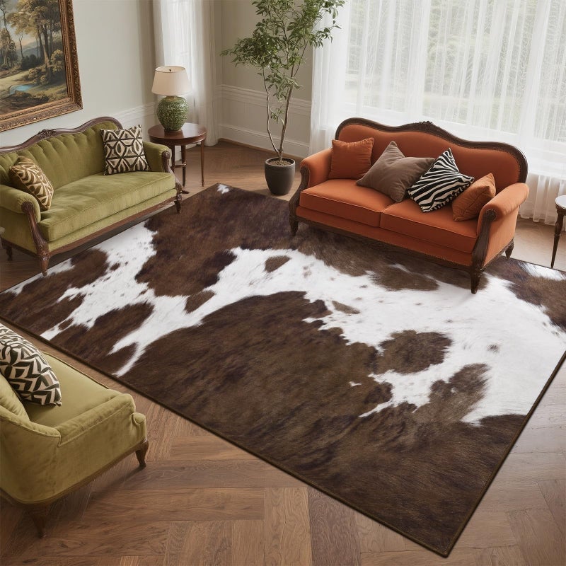 DweIke Washable Area Rugs for Living Room, 8x10 Large Soft Bedroom Rugs, Cowhide Print Non-Slip Animal Rug, Stain Resistant Throw Carpet for Office Nursery Dining Room Western Home Decor, Brown - Image 2