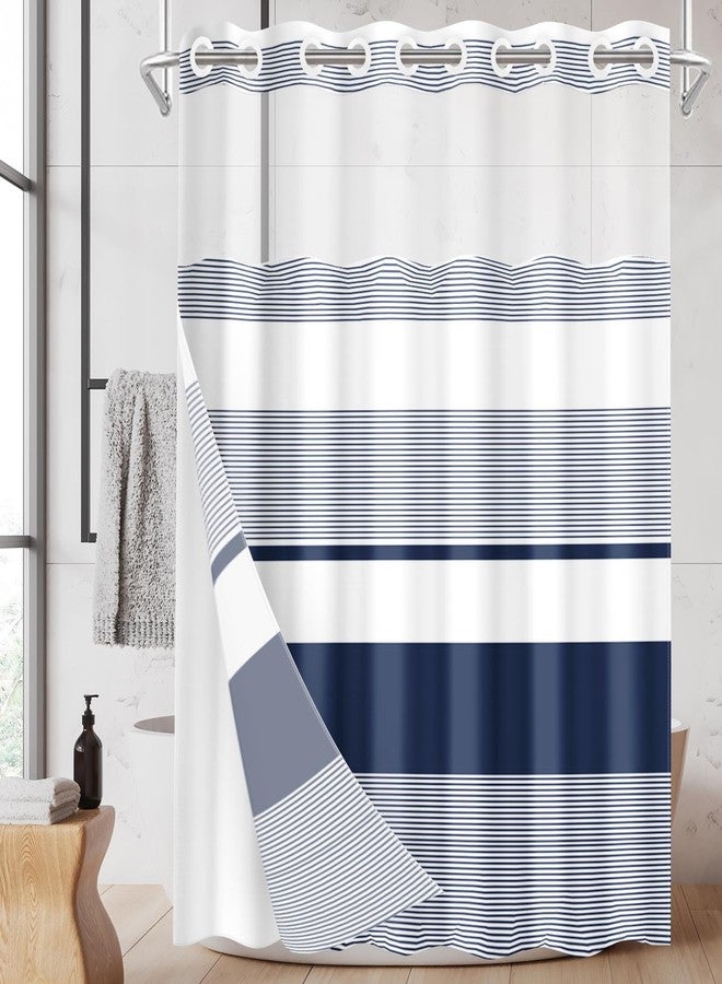 Nesphy No Hook Navy Blue Shower Curtain with Snap in Fabric Liner Set, Boho Striped Modern Double Layers Waterproof Fabric with See Through Top Window Open Grommet Bath Curtain 71x74 Inch - Image 1