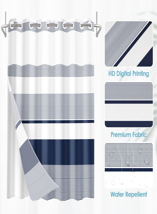 Nesphy No Hook Navy Blue Shower Curtain with Snap in Fabric Liner Set, Boho Striped Modern Double Layers Waterproof Fabric with See Through Top Window Open Grommet Bath Curtain 71x74 Inch - Image 2