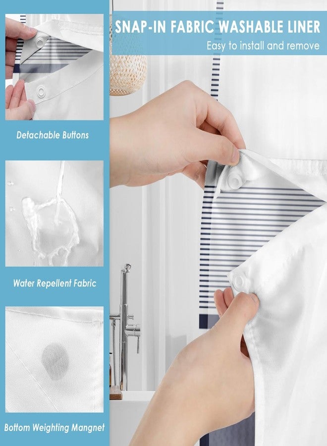 Nesphy No Hook Navy Blue Shower Curtain with Snap in Fabric Liner Set, Boho Striped Modern Double Layers Waterproof Fabric with See Through Top Window Open Grommet Bath Curtain 71x74 Inch - Image 3