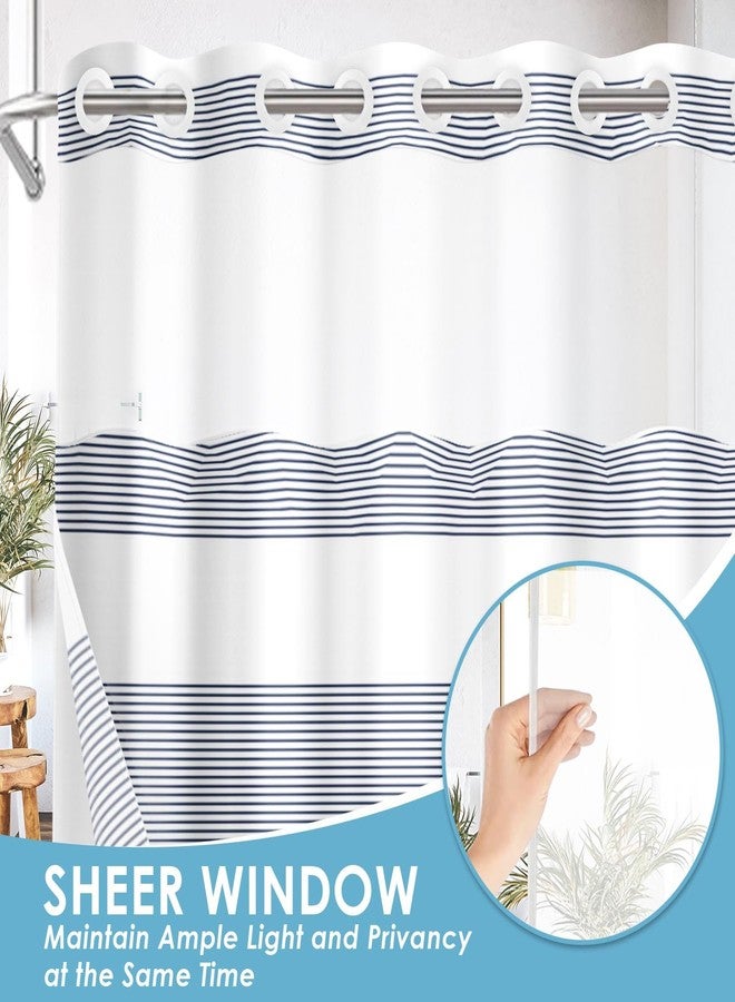 Nesphy No Hook Navy Blue Shower Curtain with Snap in Fabric Liner Set, Boho Striped Modern Double Layers Waterproof Fabric with See Through Top Window Open Grommet Bath Curtain 71x74 Inch - Image 4