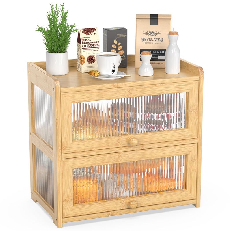 BAMBANG Extra Large Bamboo Bread Box for Kitchen Counter Double Layer Bread Storage Container Farmhouse Bread Box with 4 Sides Transparency Breadbox Bin Holder for Homemade Bread Natural - Image 2
