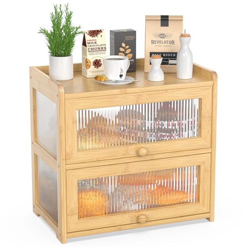 BAMBANG Extra Large Bamboo Bread Box for Kitchen Counter Double Layer Bread Storage Container Farmhouse Bread Box with 4 Sides Transparency Breadbox Bin Holder for Homemade Bread Natural - Image 1