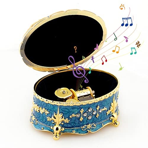 ROSIKING Oval Emboss Alloy Metal Music Box Wind Up Antique Jewelry Musical Boxes Christmas Birthday Valentines Day Gifts Plays I Will Always Love You