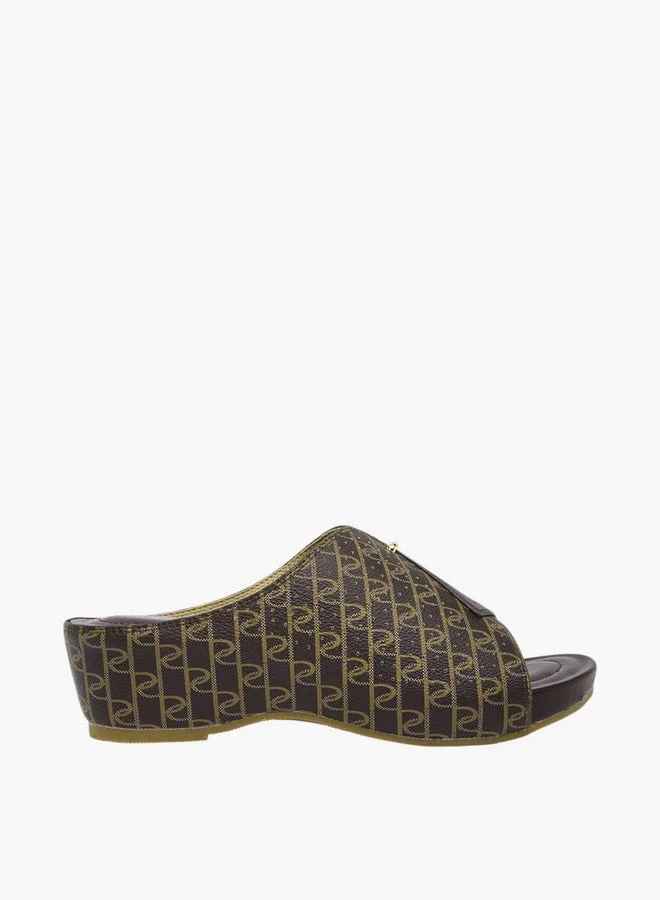 Paprika Women's Monogram Print Slip-On Peep Toe Sandals with Wedge Heels