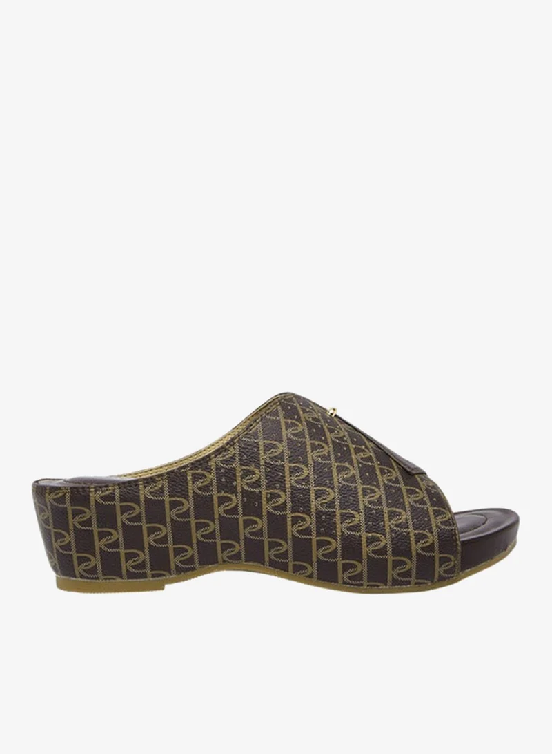 Women's Monogram Print Slip-On Peep Toe Sandals with Wedge Heels