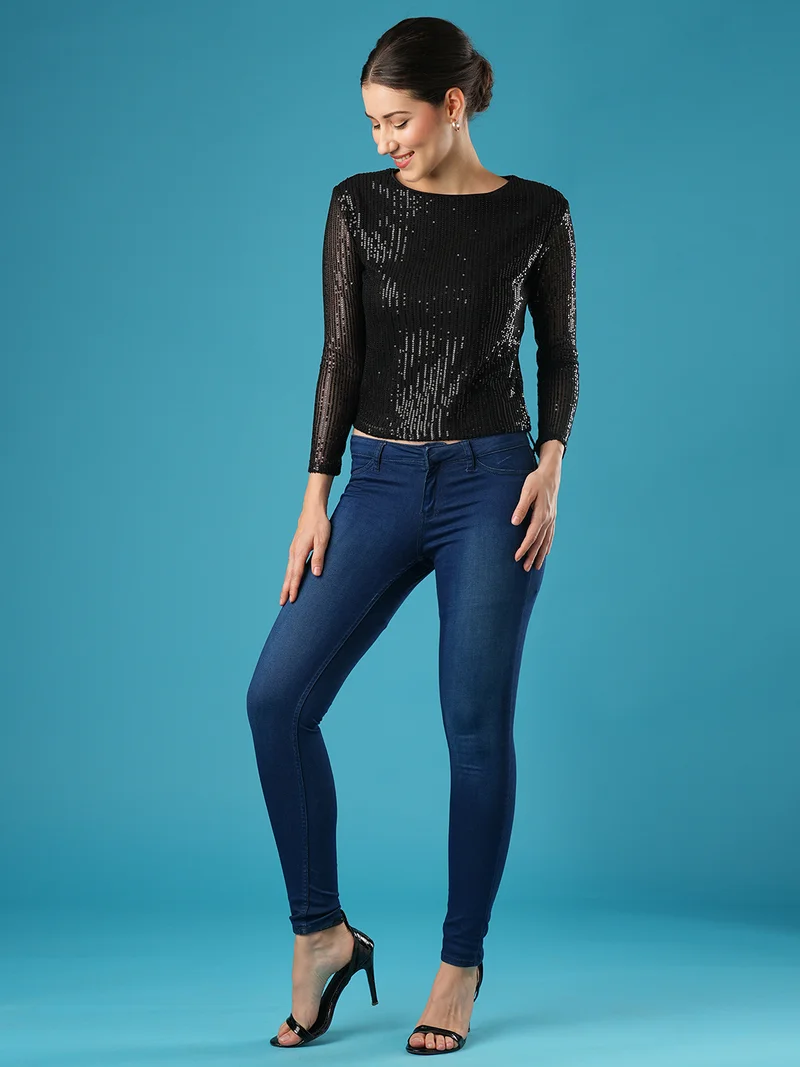 جلو باص Women Pretty Please Embellished Round Neck Full Sleeve Sequined Party Top