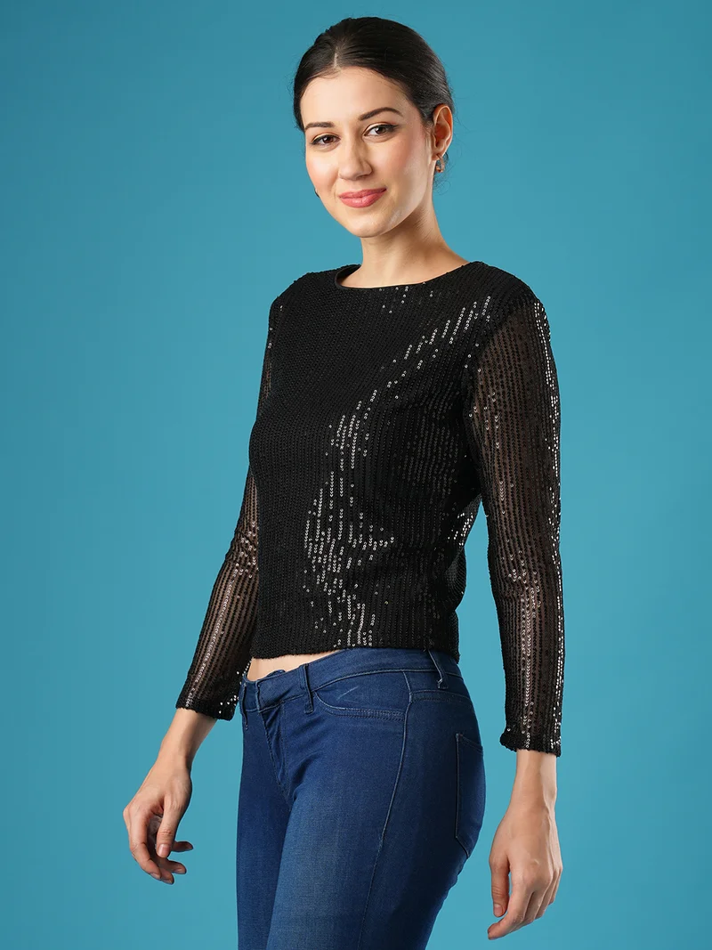 جلو باص Women Pretty Please Embellished Round Neck Full Sleeve Sequined Party Top