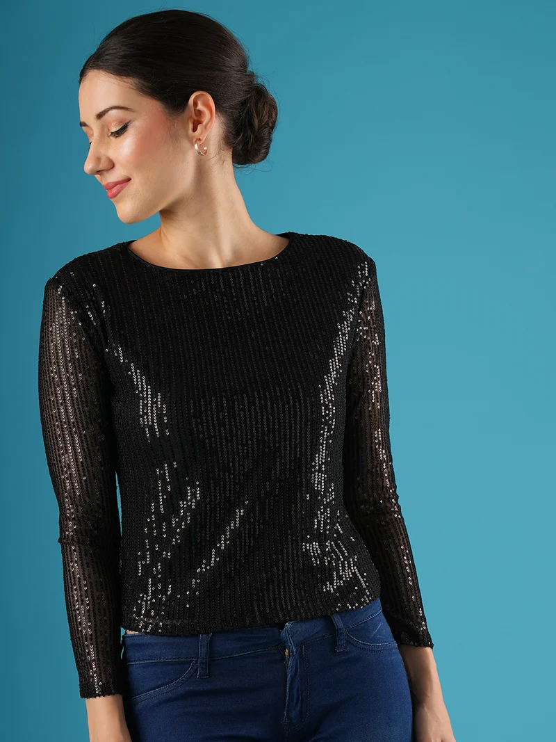 جلو باص Women Pretty Please Embellished Round Neck Full Sleeve Sequined Party Top