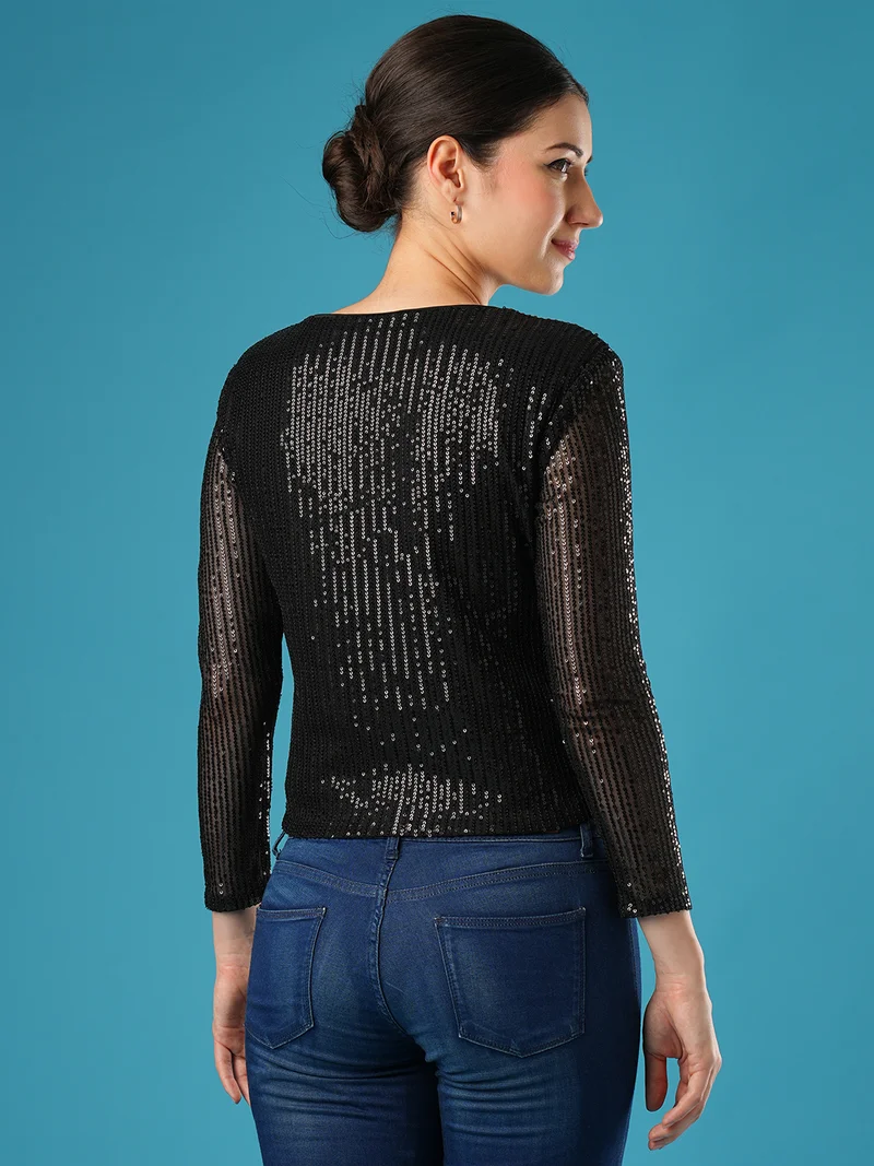 جلو باص Women Pretty Please Embellished Round Neck Full Sleeve Sequined Party Top