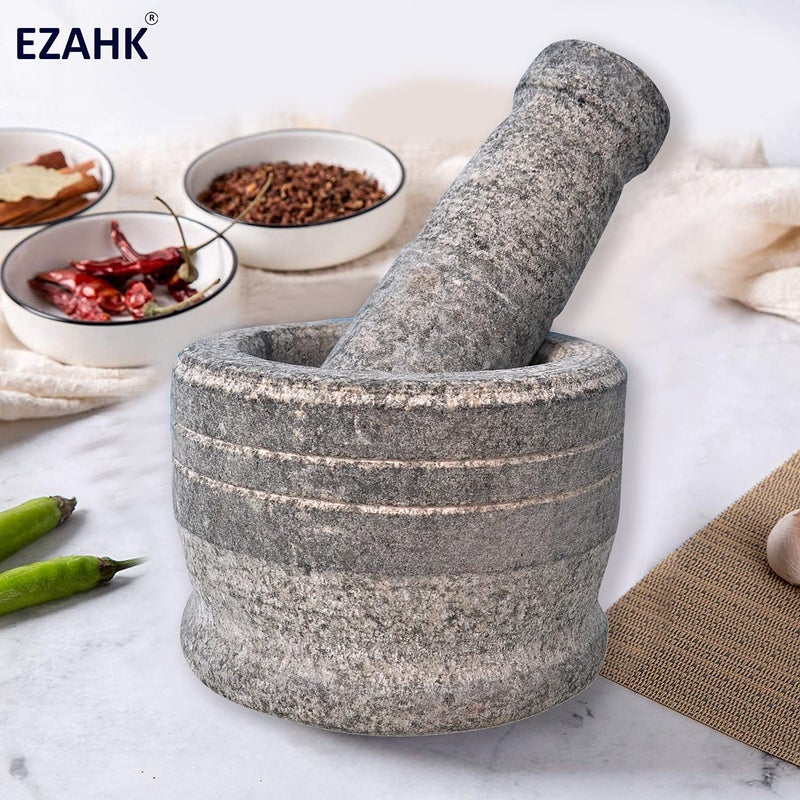 EZAHK EZAHK Mortar and Pestle Set for Spices Okhli Masher Khalbatta Kharal Mixer Natural Traditional Grinder and Musal Well Design for Kitchen Home Herb 55 in Pack of 2  - Image 3