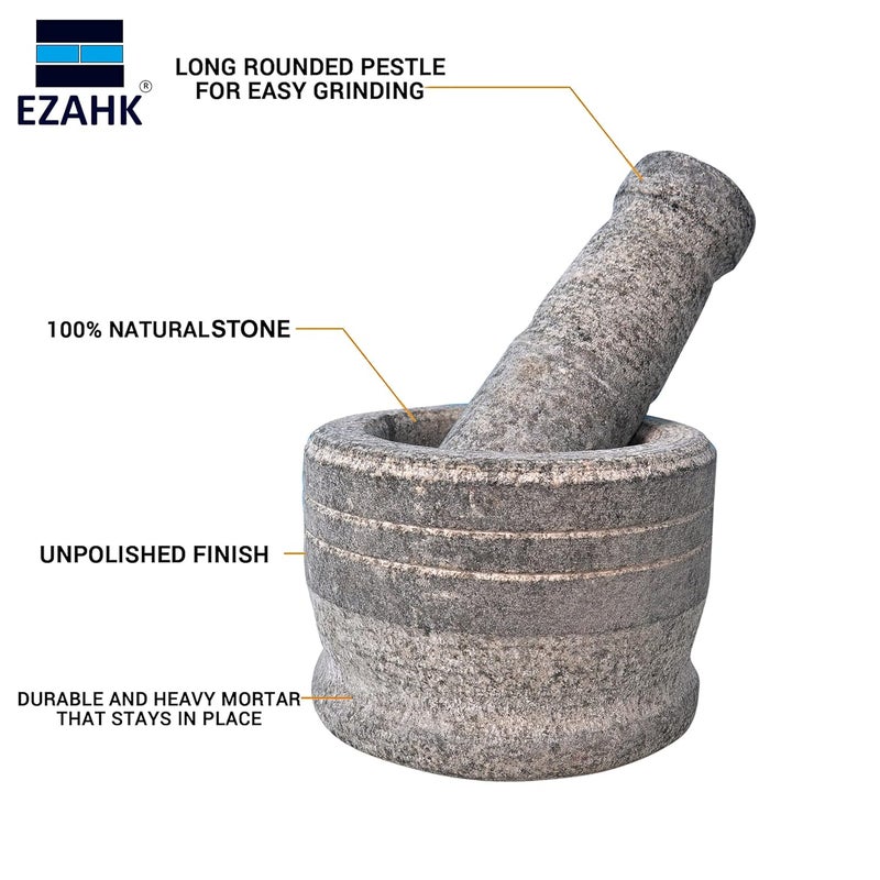 EZAHK EZAHK Mortar and Pestle Set for Spices Okhli Masher Khalbatta Kharal Mixer Natural Traditional Grinder and Musal Well Design for Kitchen Home Herb 55 in Pack of 2  - Image 4