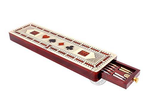 House of Cribbage - 3 Track Continuous Cribbage Board Inlaid in Maple Wood/Bloodwood - Size: 12.5 Inch - Wood Inlaid Card Symbols (Suits) + Storage Drawer for Cribbage Pegs - Image 5