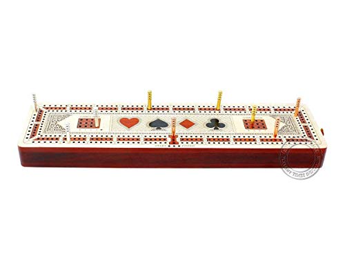 House of Cribbage - 3 Track Continuous Cribbage Board Inlaid in Maple Wood/Bloodwood - Size: 12.5 Inch - Wood Inlaid Card Symbols (Suits) + Storage Drawer for Cribbage Pegs - Image 3