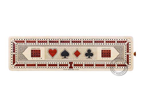 House of Cribbage - 3 Track Continuous Cribbage Board Inlaid in Maple Wood/Bloodwood - Size: 12.5 Inch - Wood Inlaid Card Symbols (Suits) + Storage Drawer for Cribbage Pegs - Image 2