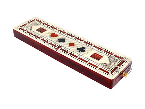 House of Cribbage - 3 Track Continuous Cribbage Board Inlaid in Maple Wood/Bloodwood - Size: 12.5 Inch - Wood Inlaid Card Symbols (Suits) + Storage Drawer for Cribbage Pegs - Image 4