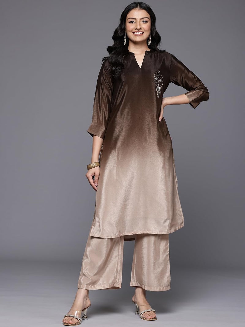 Varanga Women Embroidered Kurta Set with Tonal Bottom – Camel Brown, Sequins & Beads Embellished, Three-Quarter Sleeves, Stylish Ethnic Wear, Women Kurta Set, Kurti Set with Dupatta - Image 2