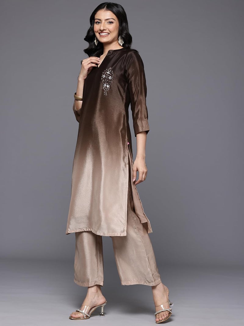 Varanga Women Embroidered Kurta Set with Tonal Bottom – Camel Brown, Sequins & Beads Embellished, Three-Quarter Sleeves, Stylish Ethnic Wear, Women Kurta Set, Kurti Set with Dupatta - Image 3