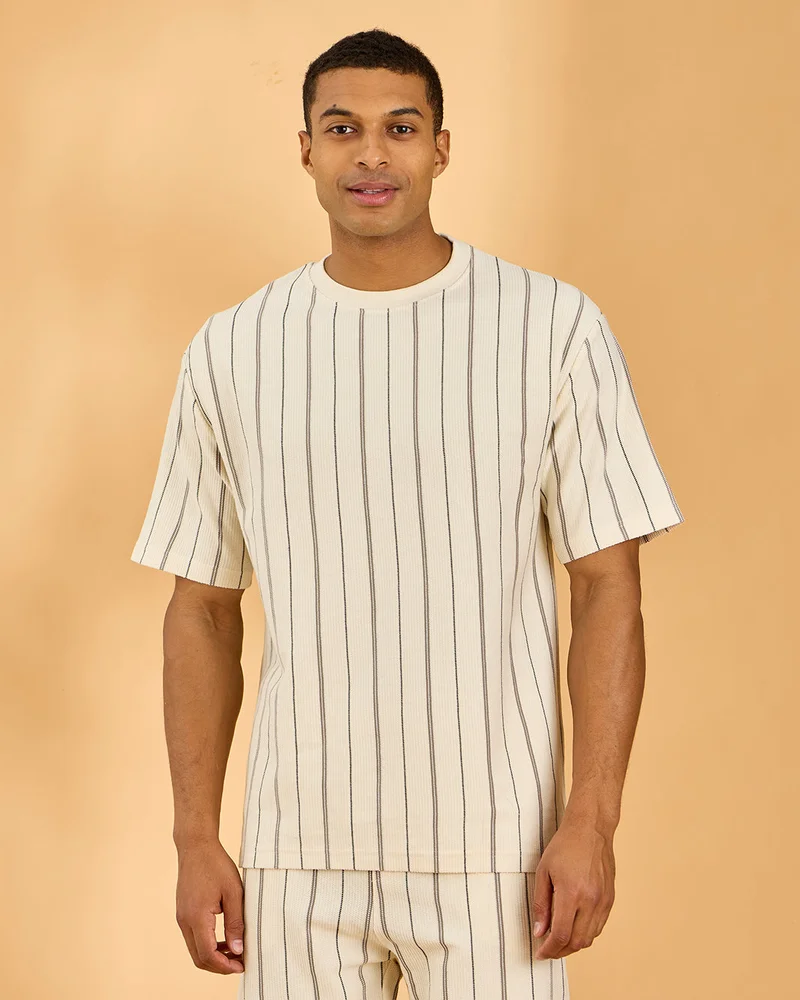 Redtag Men Ivory Jacquard Lounage T Shirt