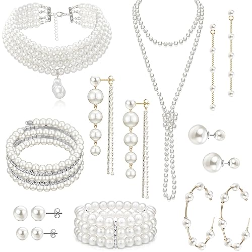EIELO 16 Pcs Artificial Pearl Necklace Earrings Set for Women Simulated Pearl Bracelet Faux Pearl Necklace Dangle Earrings Jewelry Set - Image 1