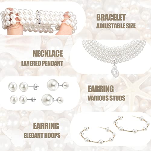 EIELO 16 Pcs Artificial Pearl Necklace Earrings Set for Women Simulated Pearl Bracelet Faux Pearl Necklace Dangle Earrings Jewelry Set - Image 4