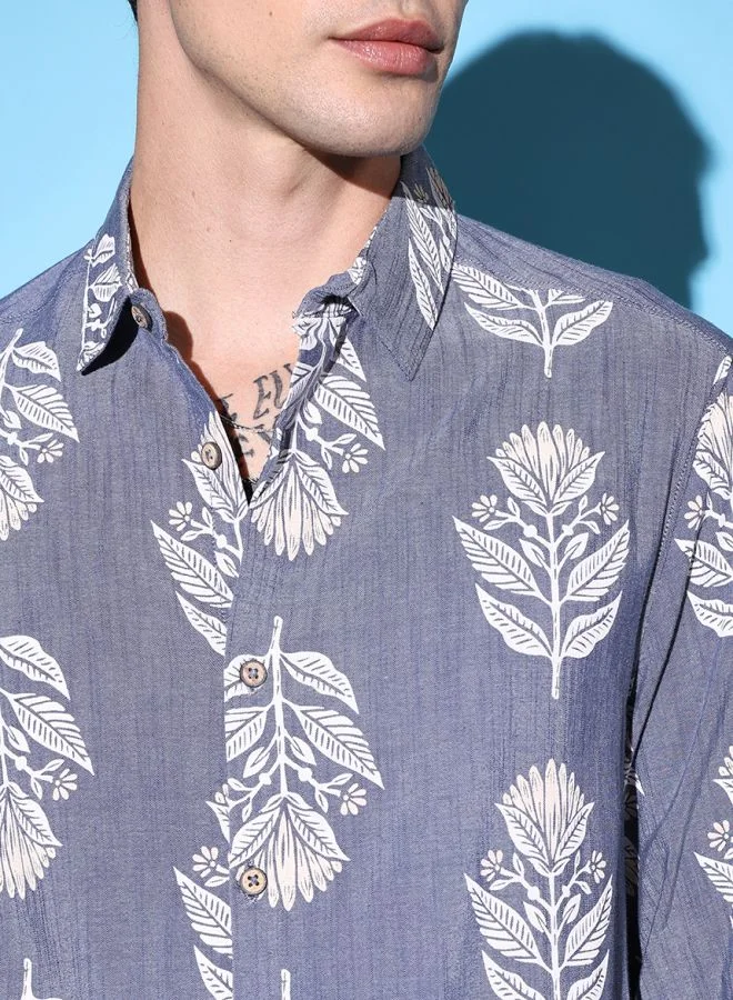 شركة المرآب الهندية Men Slim Fit Indie Printed Full Sleeves Cutaway Collar Casual Shirt