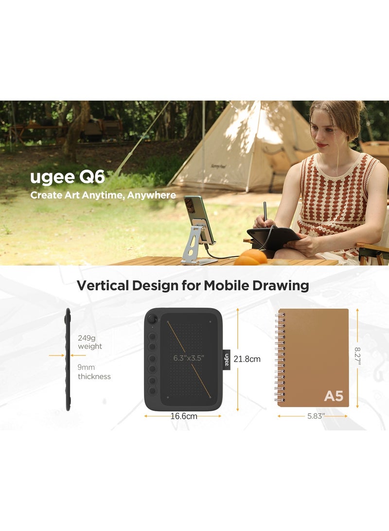 Ugee Q6 Drawing Tablet for Phone Pad PC with 6 Hot Keys - Graphic Tablet Adjustable Drawing Mode Writing Tablet Mobile Drawing/Online Class/Office Notes Compatible with MacOS/Windows/Chrome OS/Android  - Image 2