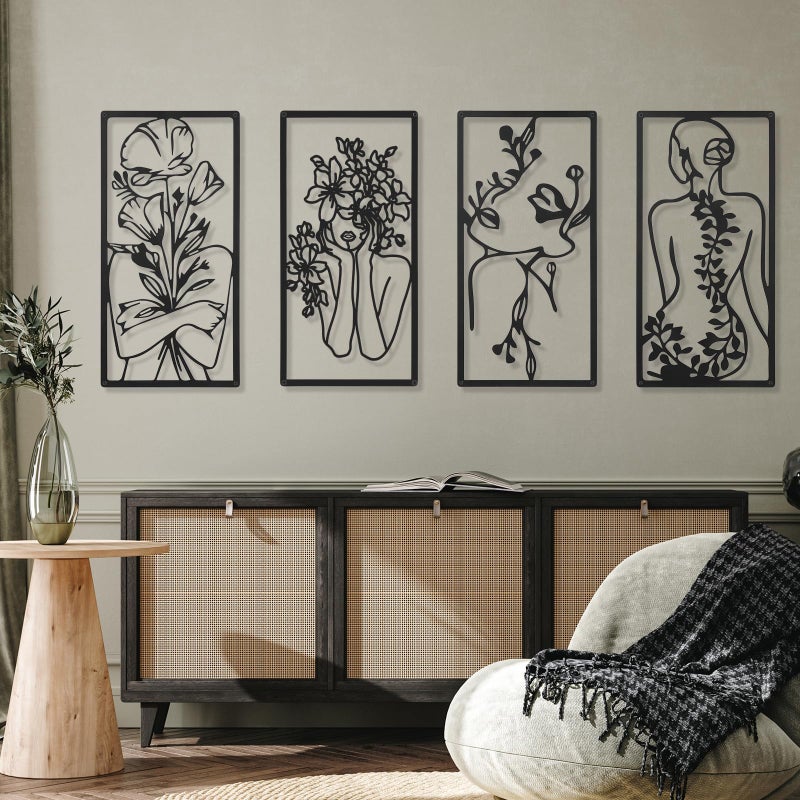 Cindeer 4 Pcs Metal Wall Art Decor Minimalist Abstract Woman Wall Art Line Drawing metal line art Home Hanging Art Decor for Bedroom Kitchen Bathroom Living Room(Fresh,Black) - Image 1