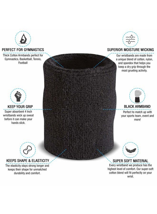 Suddora Arm Sweatbands, Absorbent and Breathable Thick Cotton Bands for Working Out, Gymnastics, Basketball, Tennis, and Football, Multiuse 4-inch Wristbands for Costumes and Cosplay, Black - Image 2