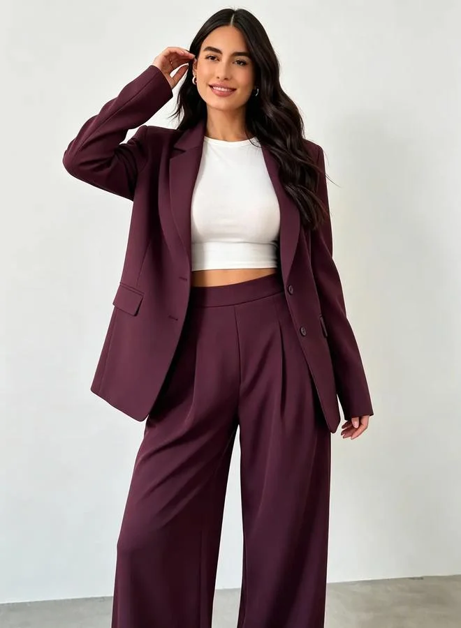 تايك تو Burgundy High Rise Pleat Wide Leg Pants