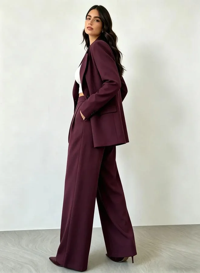 تايك تو Burgundy High Rise Pleat Wide Leg Pants