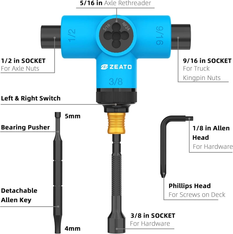 Zeato All-in-One Skate Tools Multi-Function Portable Skateboard T Tool Accessory with T-Type Allen Key and L-Type Phillips Head Wrench Screwdriver - Image 2
