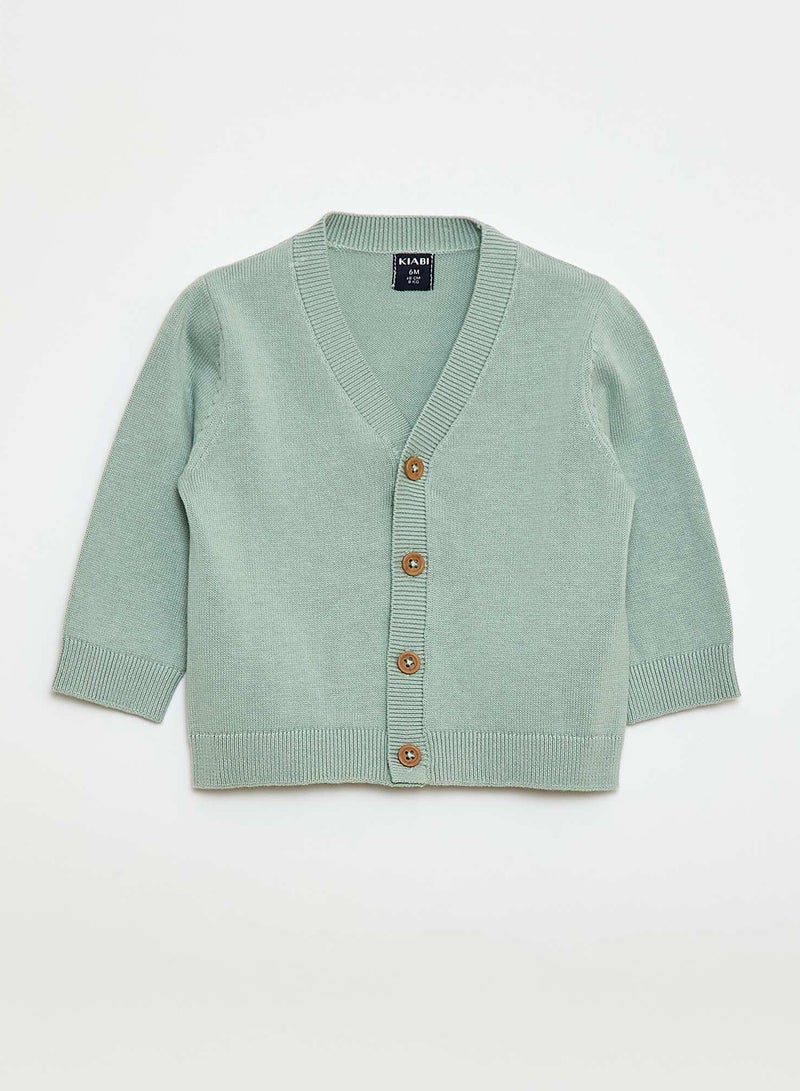 Kiabi Fine Knit V-Neck Cardigan Green - Image 1
