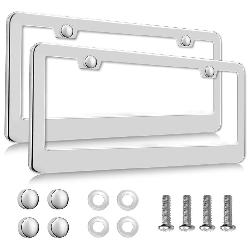 lengnoyp 2 Pack Silver License Plate Frames, 2 Holes Rust-Proof Chrome License Plate Holder, Lengnoy Universal Car Stainless Steel Polish Mirror License Plate Cover for Women Man with Screws Caps - Image 1
