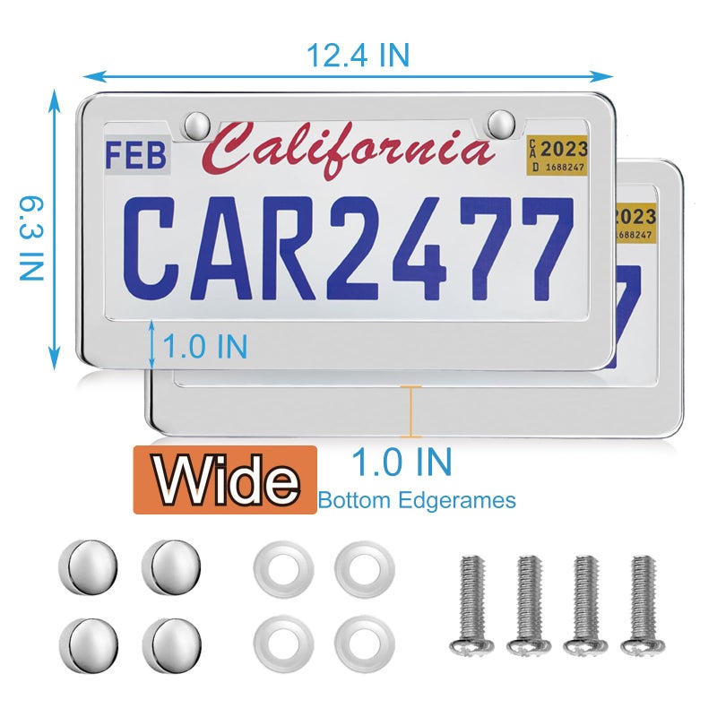 lengnoyp 2 Pack Silver License Plate Frames, 2 Holes Rust-Proof Chrome License Plate Holder, Lengnoy Universal Car Stainless Steel Polish Mirror License Plate Cover for Women Man with Screws Caps - Image 2