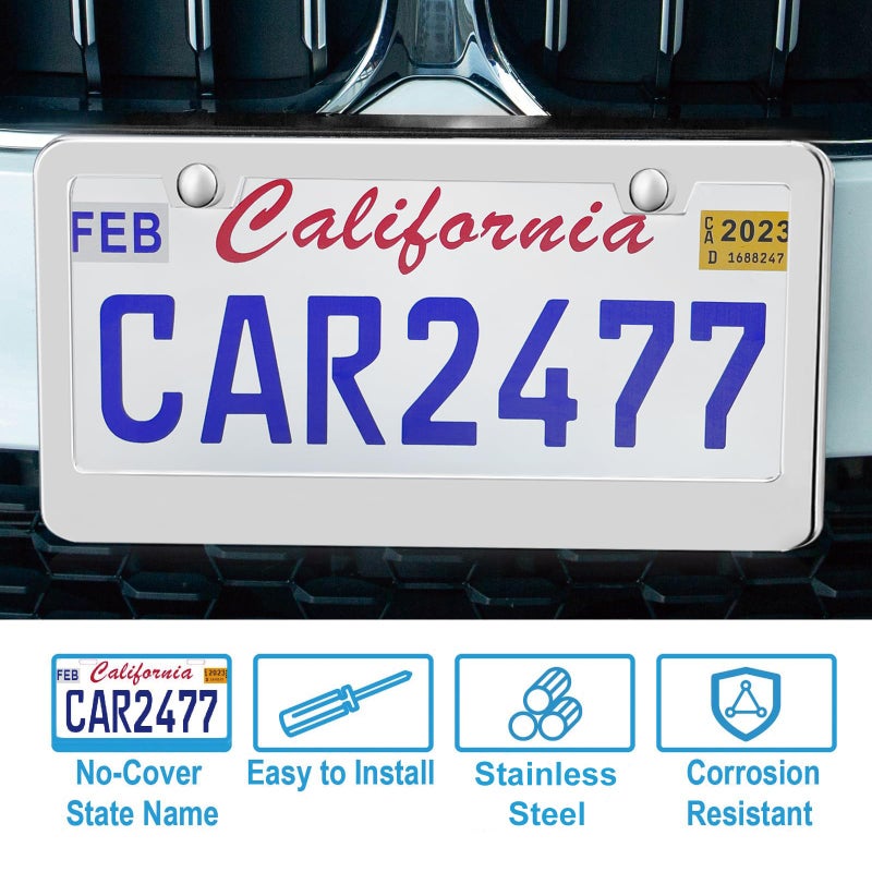 lengnoyp 2 Pack Silver License Plate Frames, 2 Holes Rust-Proof Chrome License Plate Holder, Lengnoy Universal Car Stainless Steel Polish Mirror License Plate Cover for Women Man with Screws Caps - Image 5