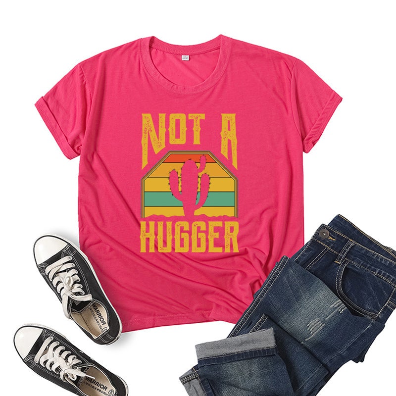 Wholesale foreign trade cross-border not hugger Not A Hugger printed short sleeve T-shirt European and American womens jacket rose red