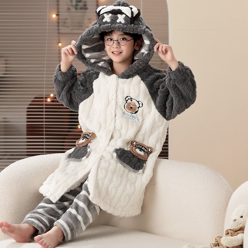 Children'S Nightgown Men'S Coral Fleece Fleece-Lined Thickened Youth Boys' Boys' Bathrobe Pajamas - Image 1