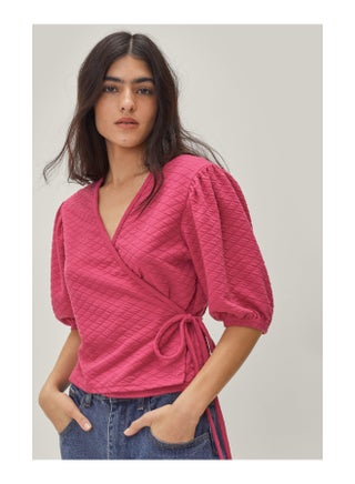 Quilted Balloon Sleeve Wrap Top
