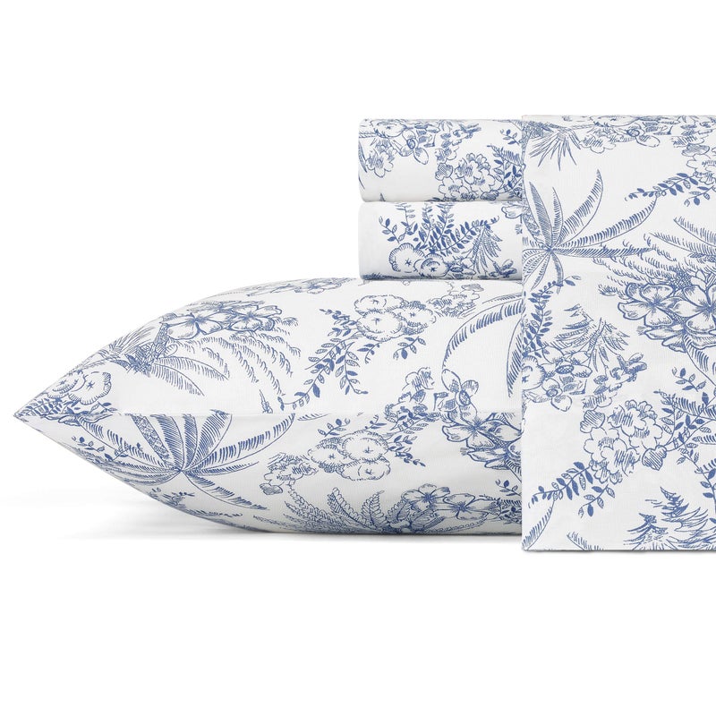 Tommy Bahama - Queen Size Sheets Set, Crisp & Tailored Cooling Sheets with a Smooth Cotton Percale Lightweight Feel - Bed Sheets with Matching Pillowcases & Fitted Sheet (Pen and Ink Palm Blue) - Image 1
