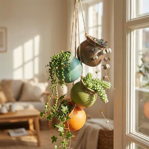 MyGift Dangling Southwest Desert Color Ceramic 4 Pot Set Wall or Ceiling Mount Hanging Mini Flower Planters - Image 3