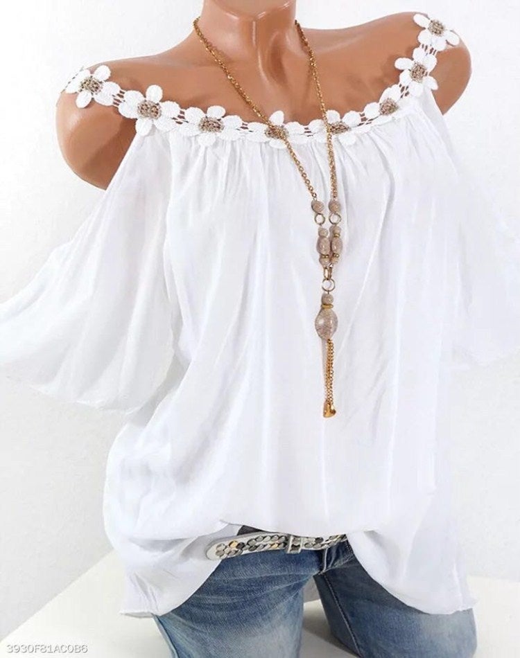 Cross-border European and American women's clothing 2020 summer wish ebay lace round neck strapless solid color t-shirt women white L - Image 1